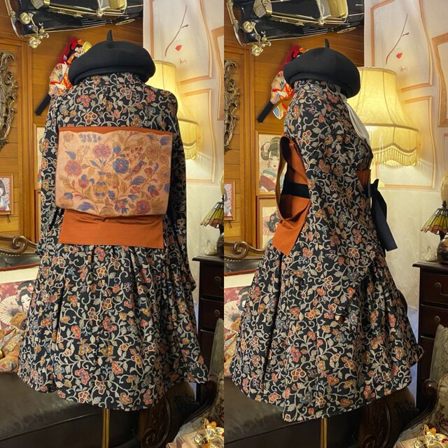 着物 ミニ丈 ワンピース ドレス 和ロリ 2部式作り帯 名古屋帯 お太鼓