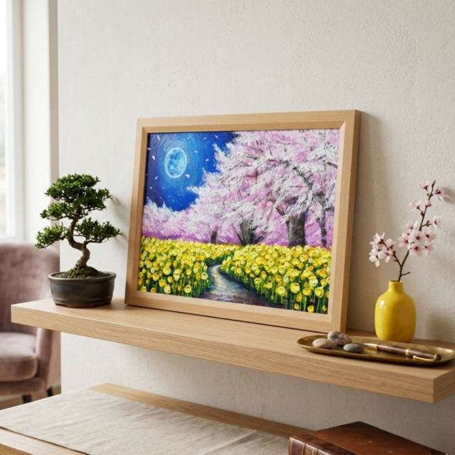心癒される春の夜：静寂を照らす月の光】｜油彩画 原画 絵画