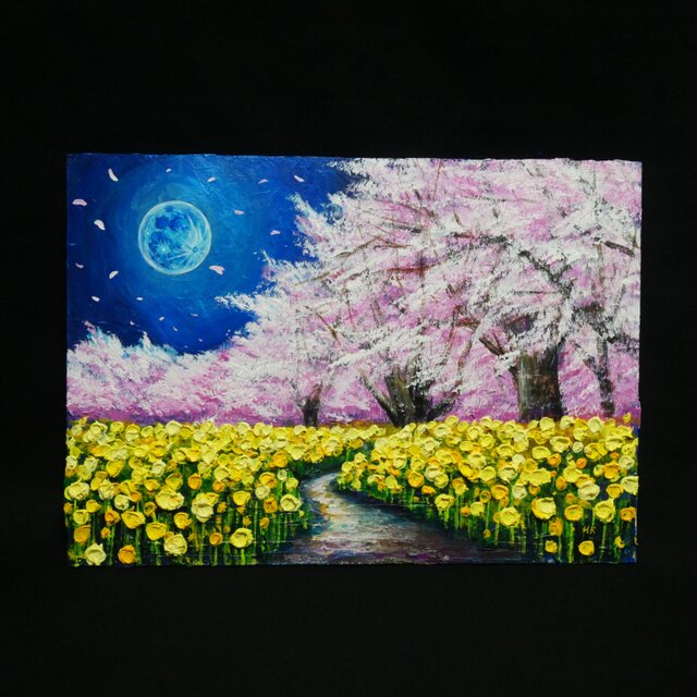 絵画　油彩画　Ｐ30号【春の夜明けに輝く月】 心癒される春の夜：静寂を照らす月の光】｜油彩画 原画 絵画