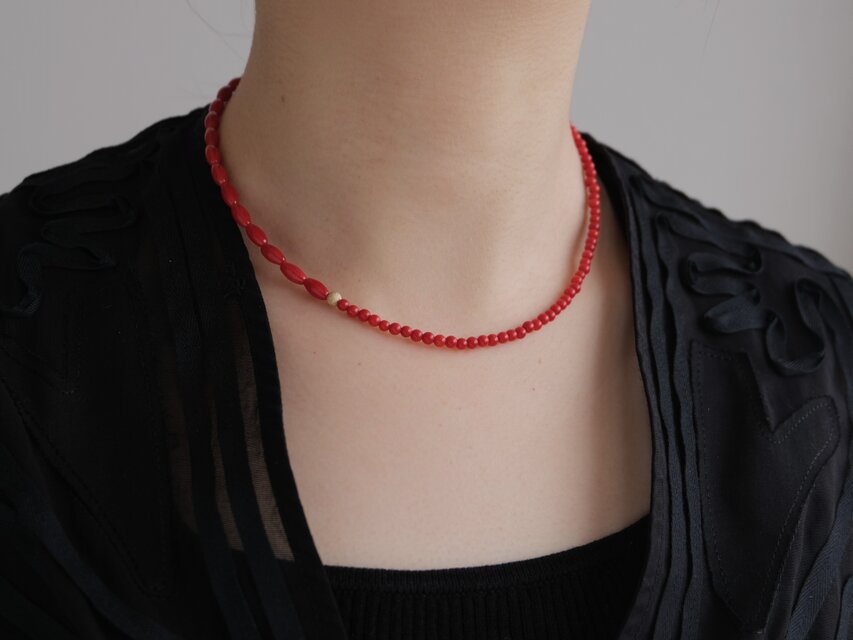 赤　珊瑚礁　ネックレス Red coral necklace：赤サンゴ ビーズネックレス ギフト 誕生石