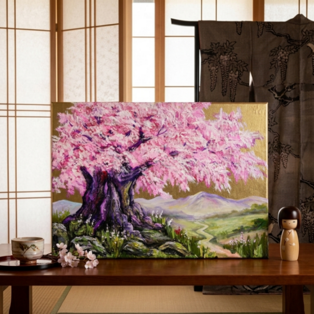 絵画　油絵　原画　一点物　北欧　桜　春　ピンク　アート　インテリア　SM 油絵 原画【千年の桜】春の風景画・桜の絵｜インテリア・絵画 | iichi