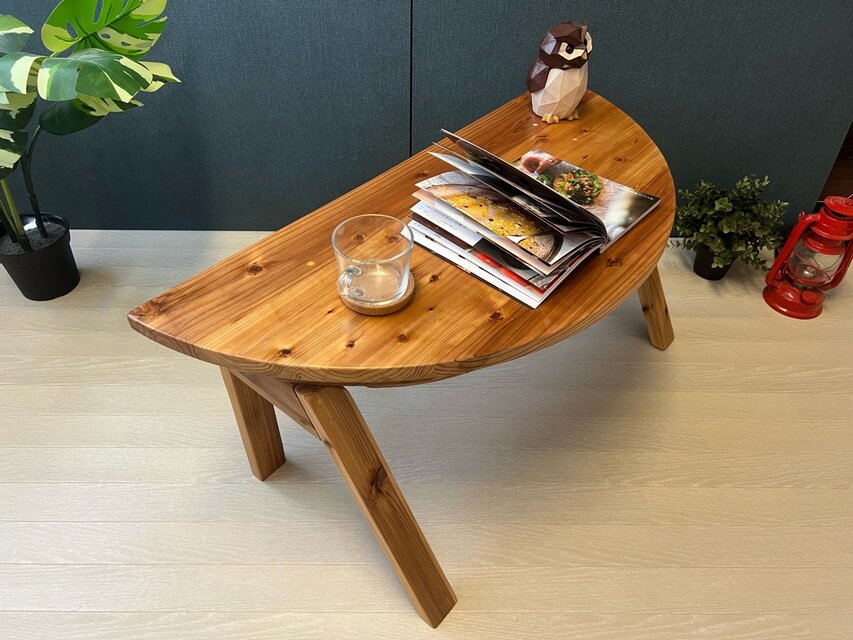 【送料無料】 ローテーブル 半円 収納付き90cm 40cm 杉 折り畳み脚 送料無料】 ローテーブル 半円 収納付き90cm 40cm 杉 折り畳み脚