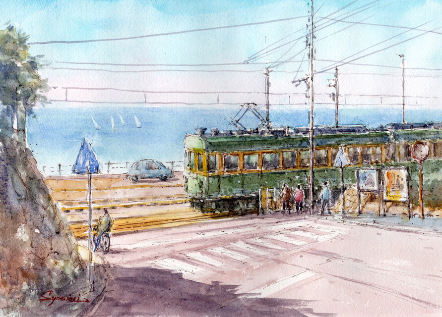 水彩画原画 江ノ電・鎌倉高校前駅踏切風景30 ＃719 | iichi 日々の