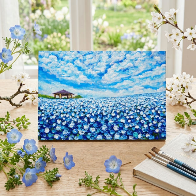 風と光の物語｜100万本のネモフィラ「花の丘」油彩画 インテリアアート