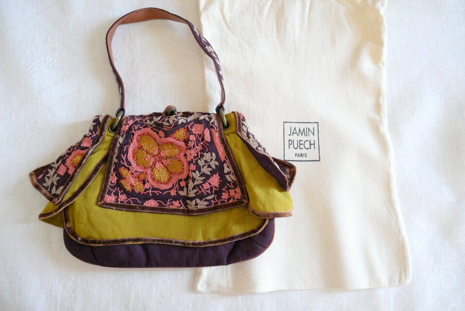 【可愛い♪】JAMIN PUECH 刺繍モチーフ付きハンドバッグ Jamin Puech Paris】フローラルの刺しゅう飾り スモールハンドバッグ