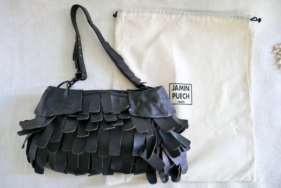 Jamin Puech Paris】黒のレザー製 フリンジ風パーツ飾り ハンドバッグ 