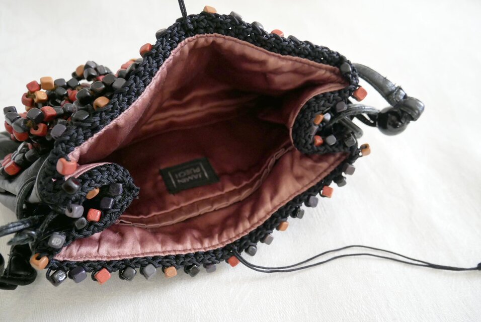 Jamin Puech Paris】ウッドビーズのコサージュ飾り 黒レザー スモール 