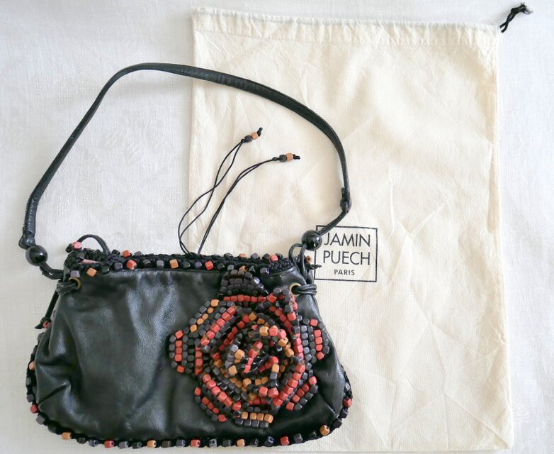 Jamin Puech Paris】ウッドビーズのコサージュ飾り 黒レザー スモール 