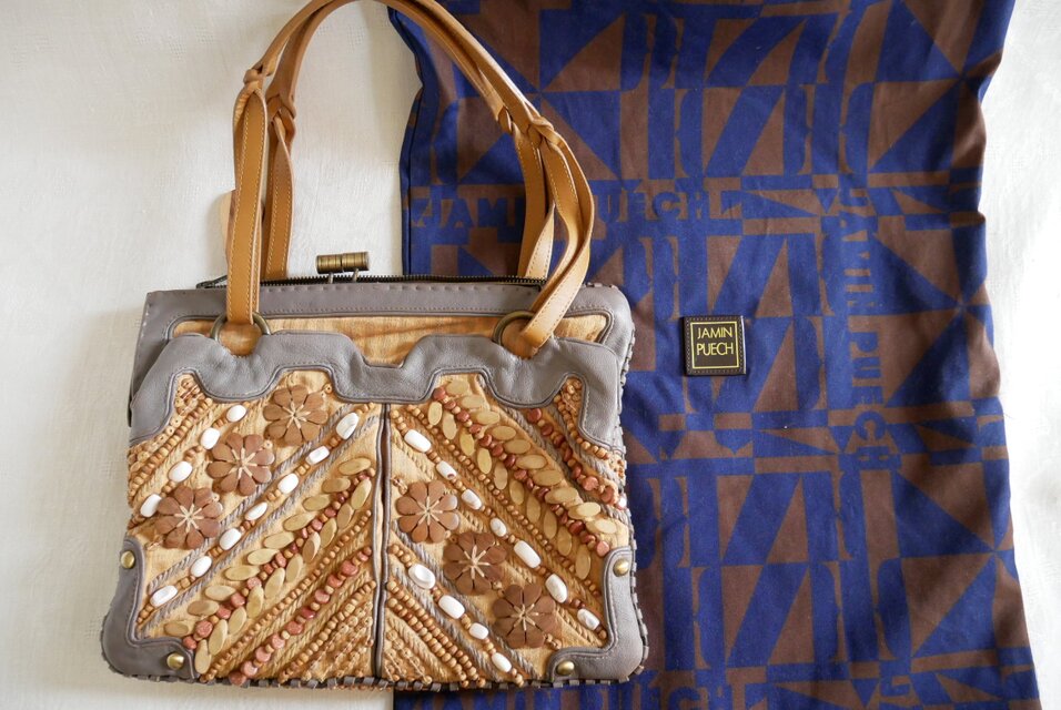 Jamin Puech Paris】コットン＆レザーのベースに貝とウッドビーズ飾 