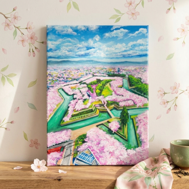 油絵【北の大地に咲く、桃色の星】F4号 五稜郭の桜 風景画 一点物 油絵 原画『北の大地に咲く、桃色の星』一点物 油彩画 絵画 風景画