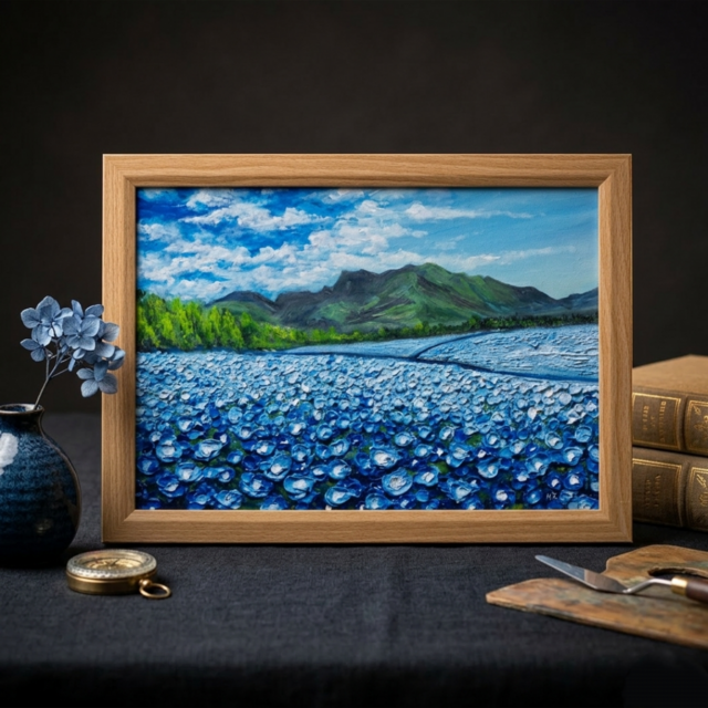 油彩画【幸せを運ぶネモフィラの花園】原画一点物・インテリア・ギフト