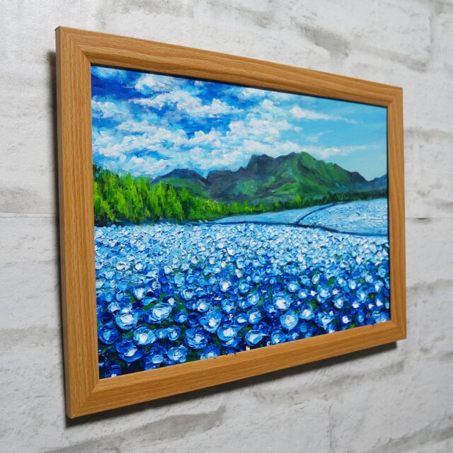 油絵 原画「幸せを運ぶネモフィラの花園」A4 額縁・ラッピング付 厚塗り 油彩画【幸せを運ぶネモフィラの花園】原画一点物・インテリア・ギフト
