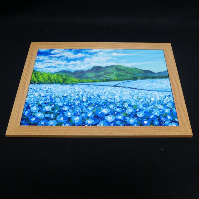 油絵 原画「幸せを運ぶネモフィラの花園」A4 額縁・ラッピング付 厚