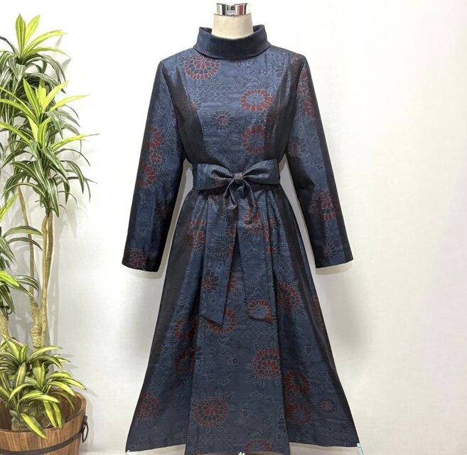 着物リメイク 大島紬花柄ロングワンピース Aライン フィットアンド