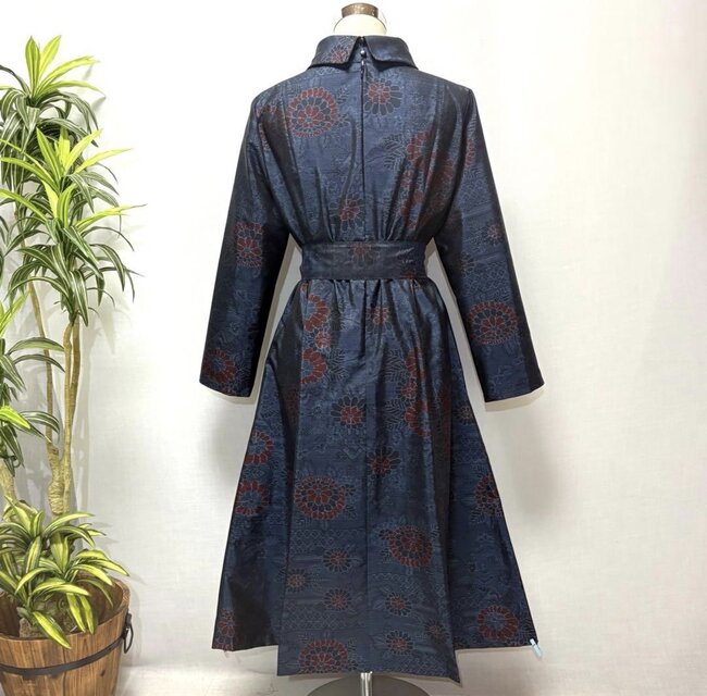 着物リメイク 大島紬花柄ロングワンピース Aライン フィットアンド
