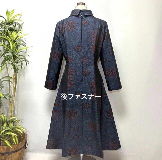 着物リメイク 大島紬花柄ロングワンピース Aライン フィットアンド