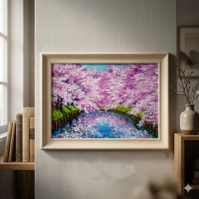 一点物 油絵 原画【春の目覚め ～水面に映る夢～】風景画 油彩画 青