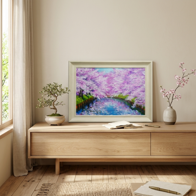 一点物 油絵 原画【春の目覚め ～水面に映る夢～】風景画 油彩画 青