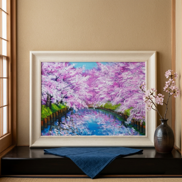 一点物 油絵 原画【春の目覚め ～水面に映る夢～】風景画 油彩画 青