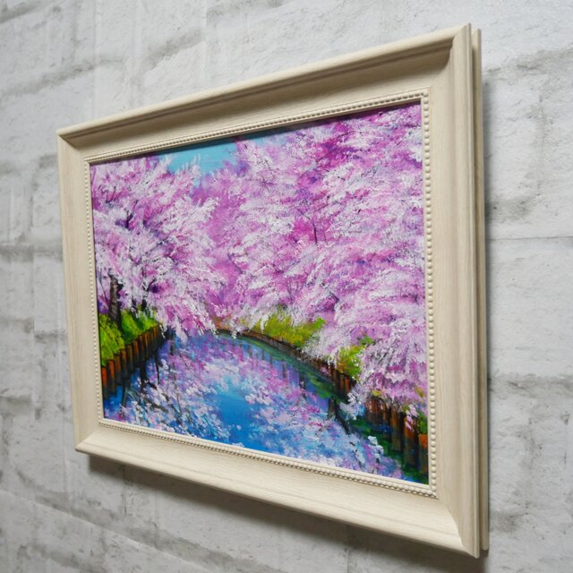 一点物 油絵 原画【春の目覚め ～水面に映る夢～】風景画 油彩画 青