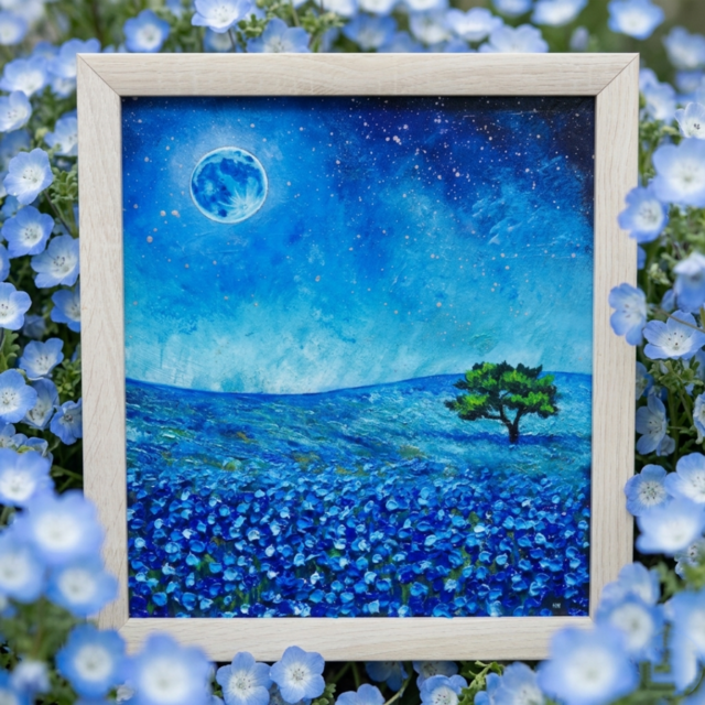 油彩画 原画【蒼に溶ける月夜】抽象画 青 油絵 絵画 モダン インテリア