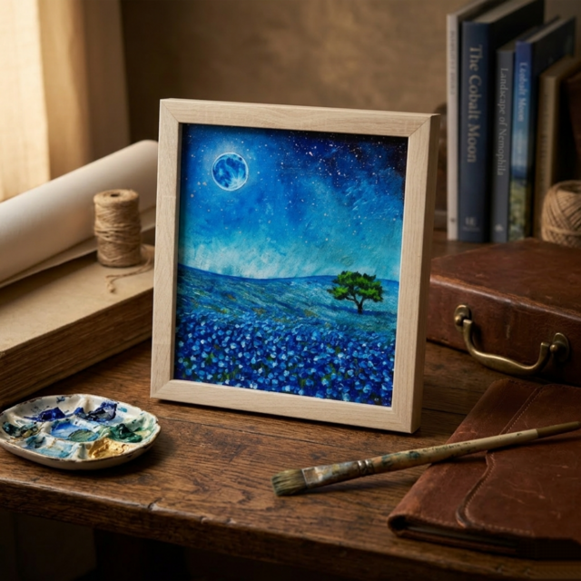 油彩画 原画【蒼に溶ける月夜】抽象画 青 油絵 絵画 モダン インテリア