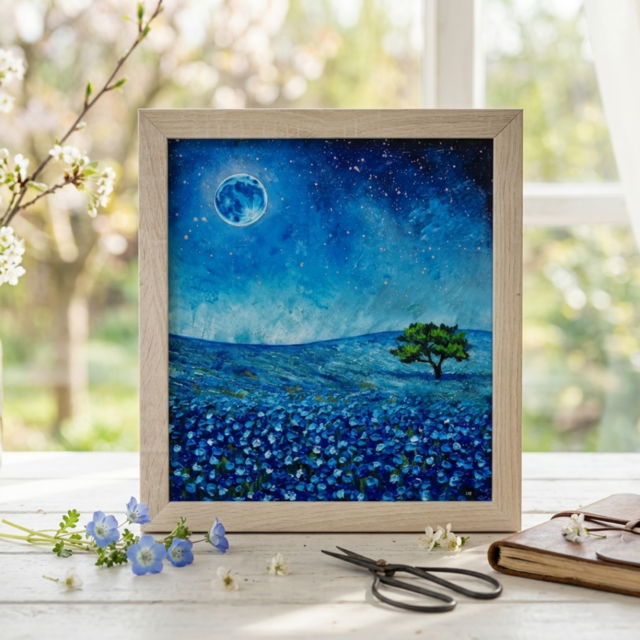 油彩画 原画【蒼に溶ける月夜】抽象画 青 油絵 絵画 モダン インテリア