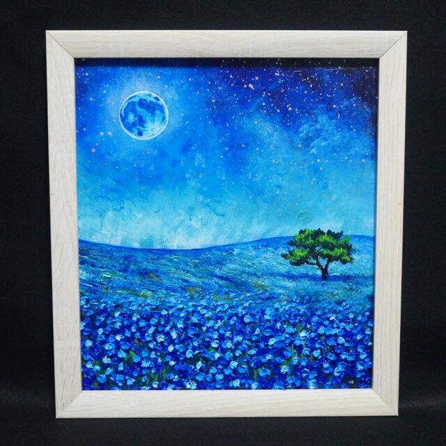 「月夜」　手描き　肉筆　油絵　風景画　原画　油彩画 油彩画 原画【蒼に溶ける月夜】抽象画 青 油絵 絵画 モダン インテリア