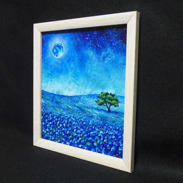 油彩画 原画【蒼に溶ける月夜】抽象画 青 油絵 絵画 モダン インテリア