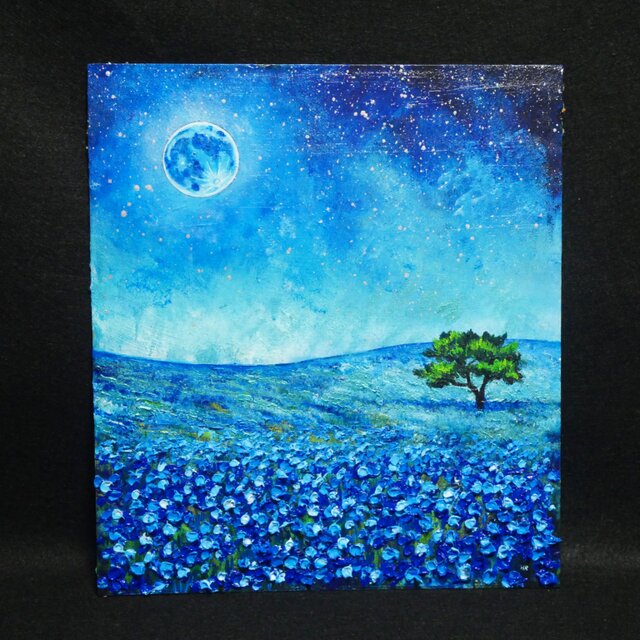 油彩画 原画【蒼に溶ける月夜】抽象画 青 油絵 絵画 モダン インテリア