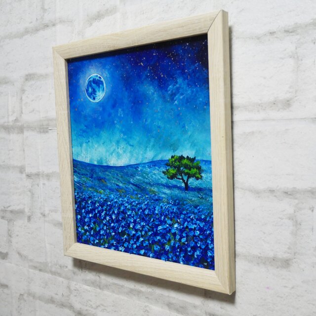 油彩画 原画【蒼に溶ける月夜】抽象画 青 油絵 絵画 モダン インテリア
