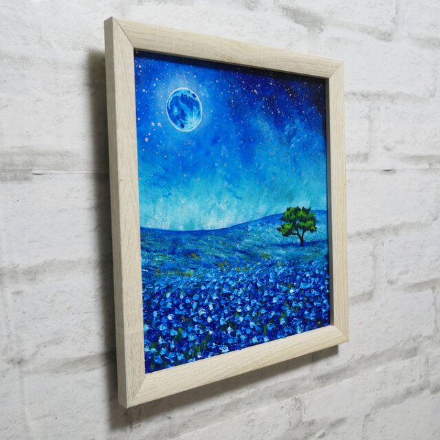 油彩画 原画【蒼に溶ける月夜】抽象画 青 油絵 絵画 モダン インテリア