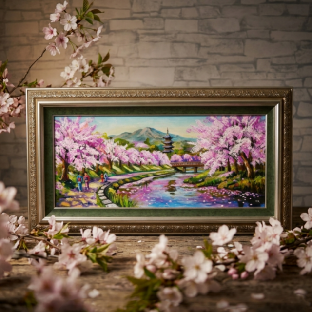 桜舞う水辺の散歩道】｜油彩画 原画 青 抽象画 モダン インテリア