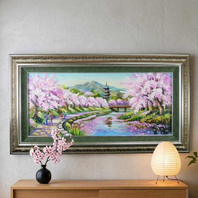 桜舞う水辺の散歩道】｜油彩画 原画 青 抽象画 モダン インテリア