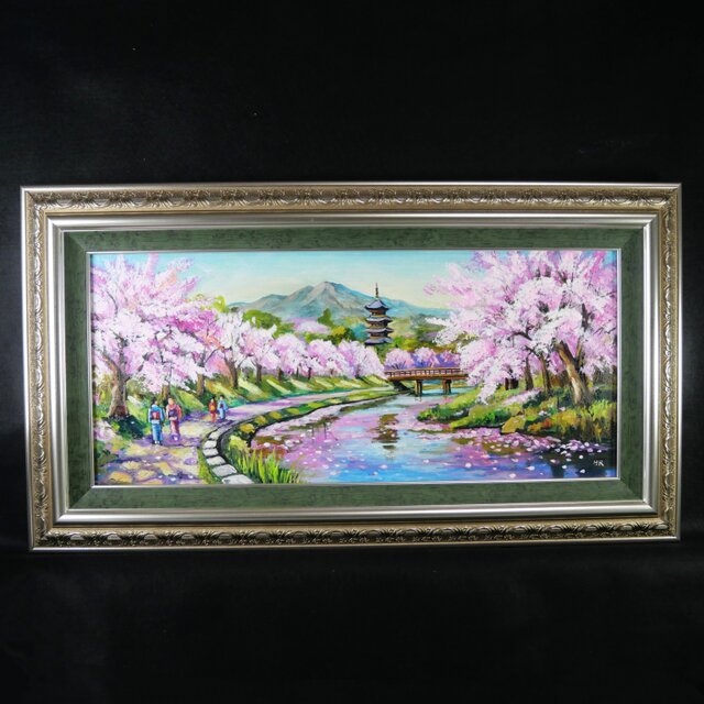 桜舞う水辺の散歩道】｜油彩画 原画 青 抽象画 モダン インテリア