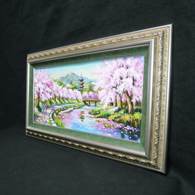 桜舞う水辺の散歩道】｜油彩画 原画 青 抽象画 モダン インテリア