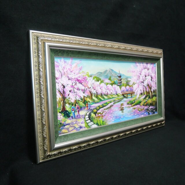 桜舞う水辺の散歩道】｜油彩画 原画 青 抽象画 モダン インテリア