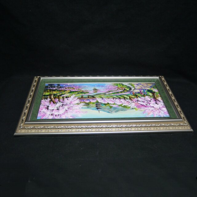 桜舞う水辺の散歩道】｜油彩画 原画 青 抽象画 モダン インテリア