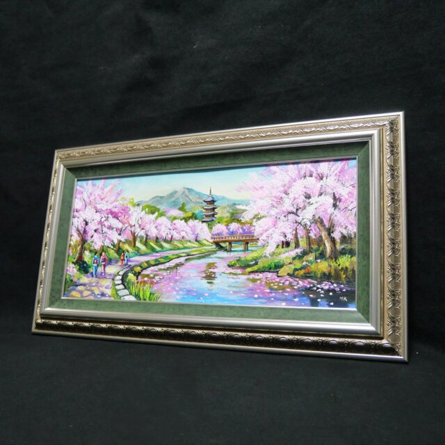 桜舞う水辺の散歩道】｜油彩画 原画 青 抽象画 モダン インテリア