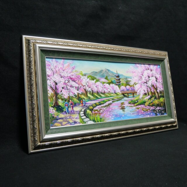 桜舞う水辺の散歩道】｜油彩画 原画 青 抽象画 モダン インテリア