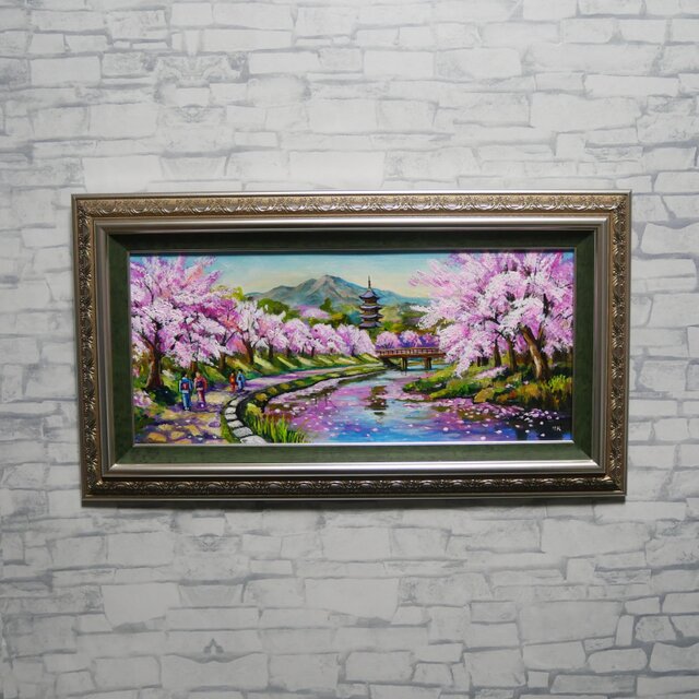桜舞う水辺の散歩道】｜油彩画 原画 青 抽象画 モダン インテリア