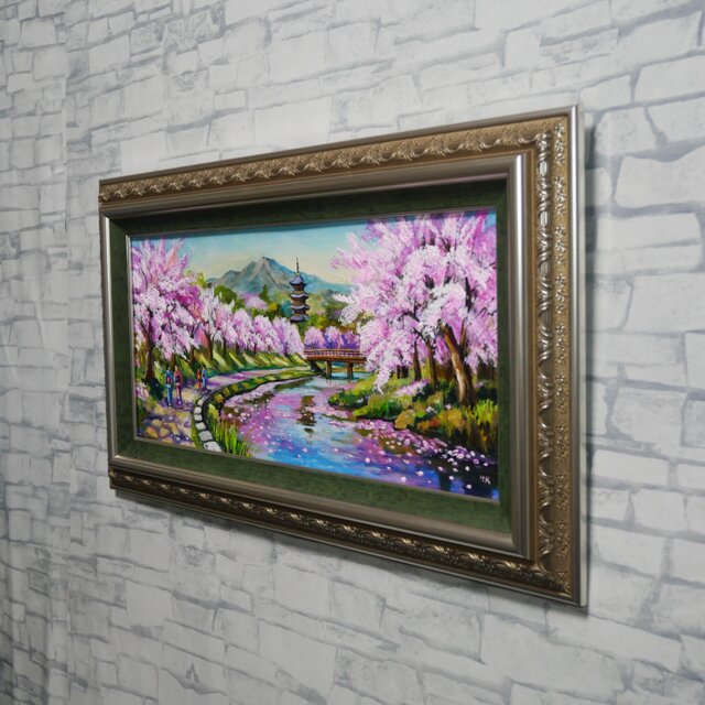 桜舞う水辺の散歩道】｜油彩画 原画 青 抽象画 モダン インテリア