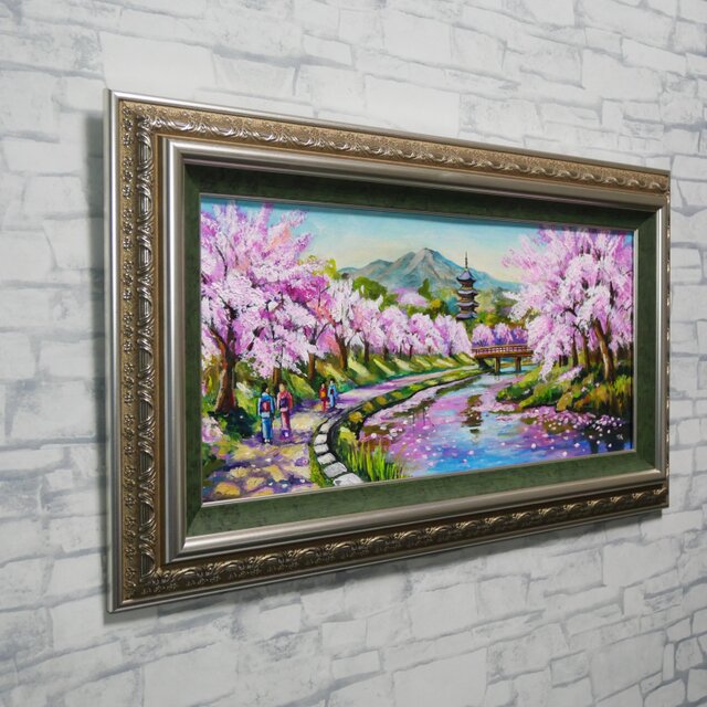 桜舞う水辺の散歩道】｜油彩画 原画 青 抽象画 モダン インテリア
