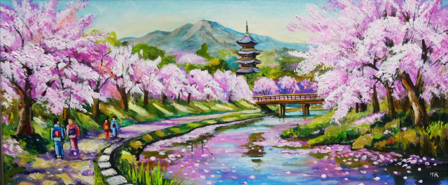 桜舞う水辺の散歩道】｜油彩画 原画 青 抽象画 モダン インテリア