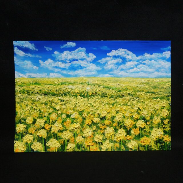 油絵 原画『幸せの黄色い絨毯』A4 額縁付 菜の花 風景画 運気アップ 春 原画】幸せの黄色い絨毯 ｜ 菜の花の油絵 インテリア モダンアート