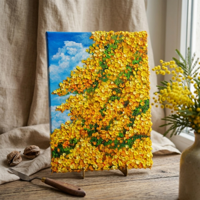 F4号お部屋に春の光を。油絵【風とはずむミモザ】玄関やリビングを彩る
