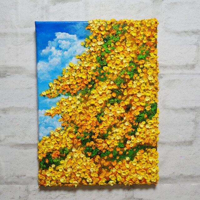 F4号お部屋に春の光を。油絵【風とはずむミモザ】玄関やリビングを彩る
