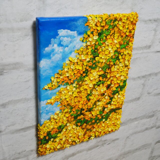 F4号お部屋に春の光を。油絵【風とはずむミモザ】玄関やリビングを彩る