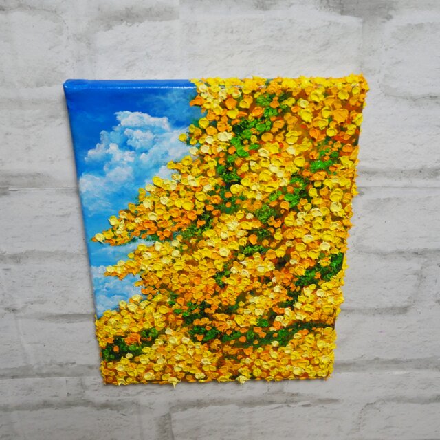 F4号お部屋に春の光を。油絵【風とはずむミモザ】玄関やリビングを彩る