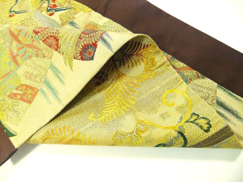J-097】65×75cm和風マット/アンティーク帯リメイク/鶴唐草/敷物・ラグ